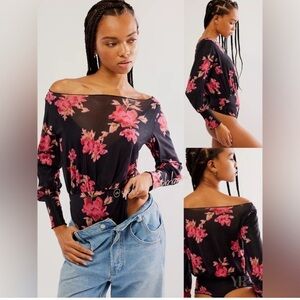 Black Collection velvet Floral Off-Shoulder Top Bodysuit Black and Pink Sz L